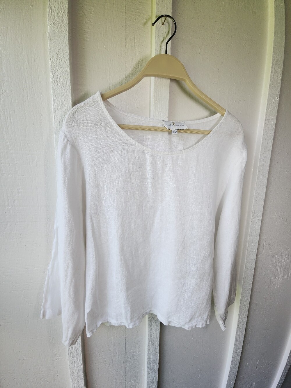 Belle France White Linen Top Blouse Made in Italy Natural Fibers L/S Scoop Neck